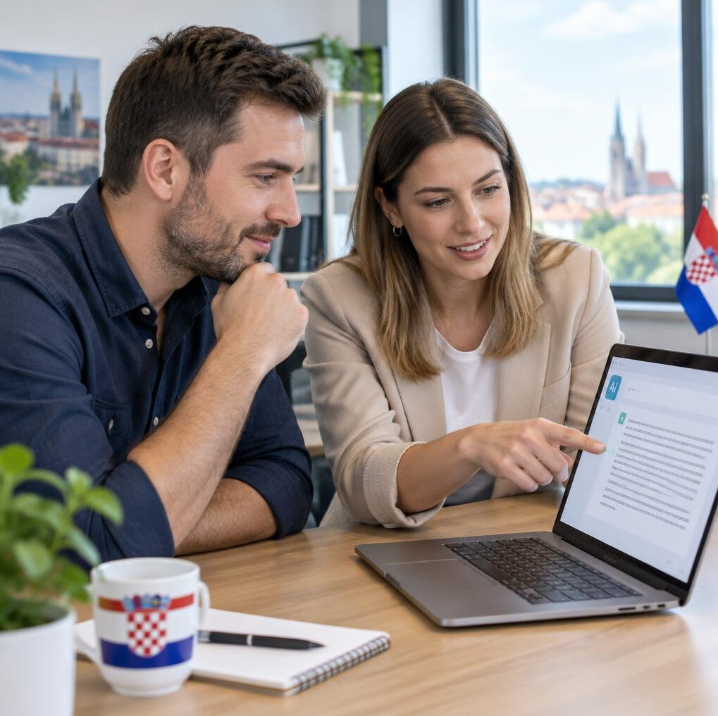Two colleagues reviewing AI generated text on a laptop screen