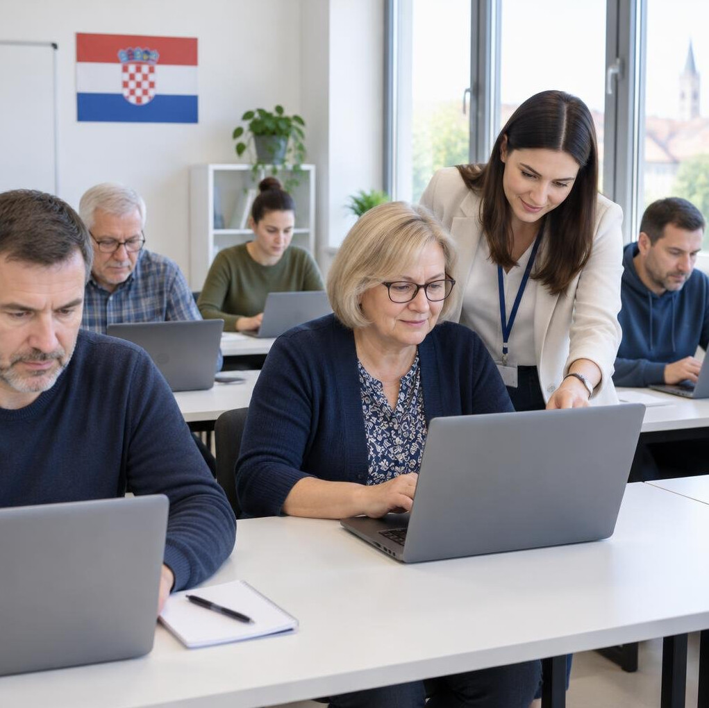 People learning together at computers in a bright learning space