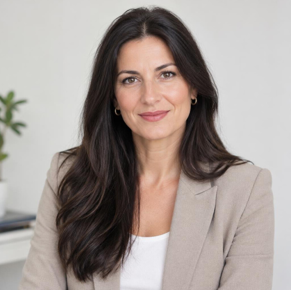 Portrait of a woman with long hair smiling softly