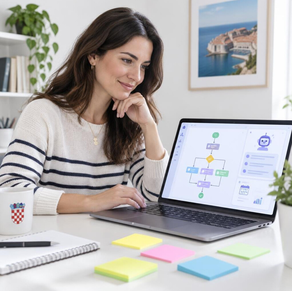 Woman planning a workflow diagram with AI tools on a laptop