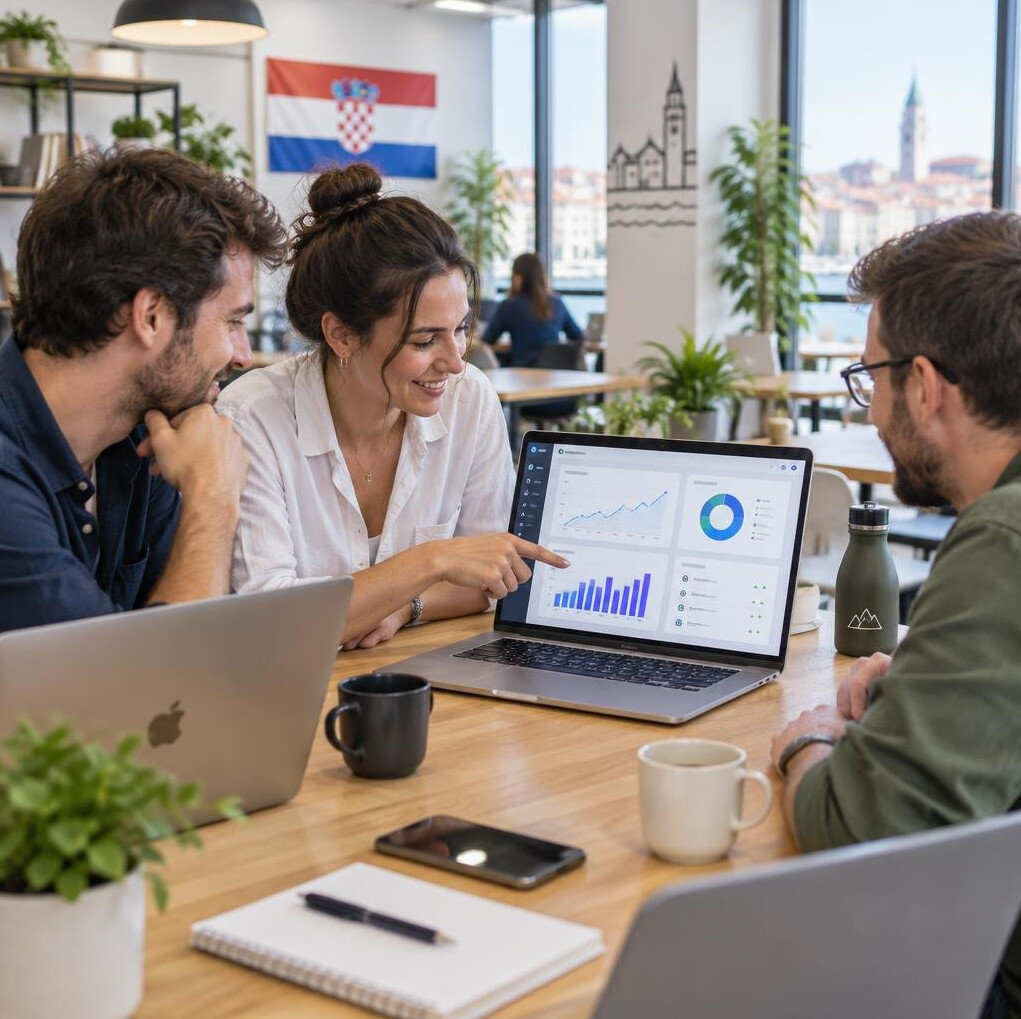 Freelancers reviewing an automated report dashboard on laptops