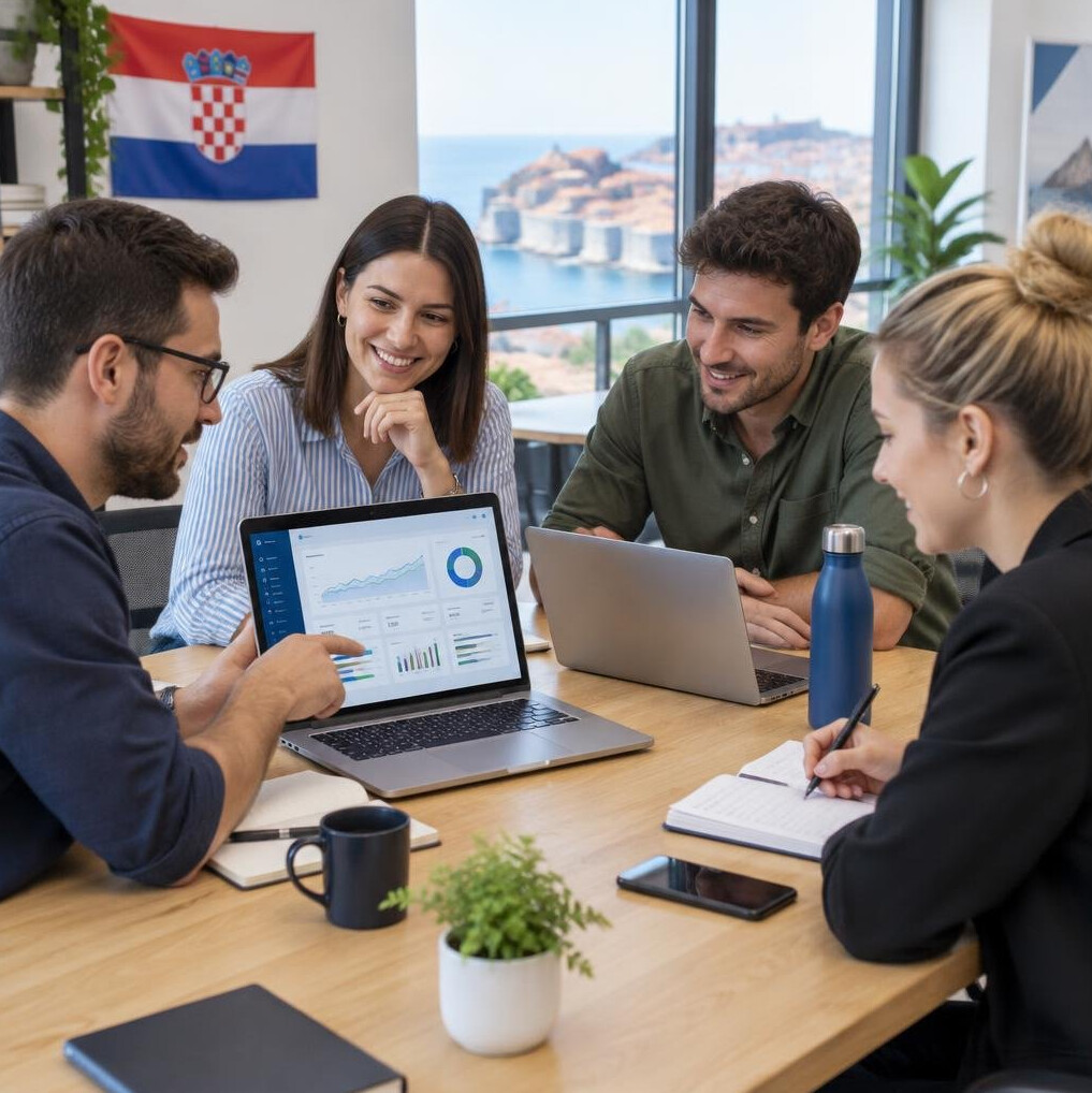 Team collaborating around laptops with productivity tools