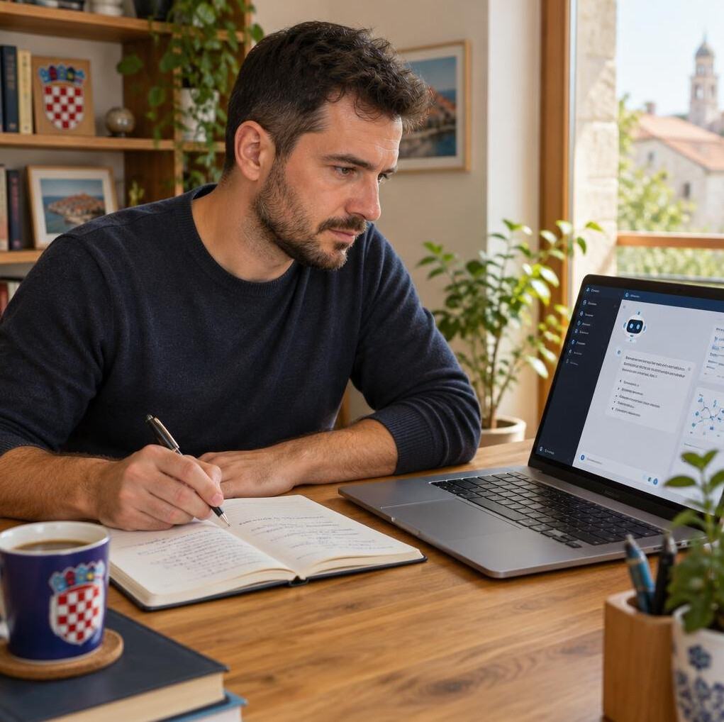 Researcher using an AI research assistant on a laptop while taking notes
