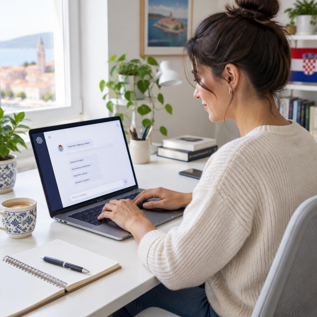 Freelance woman typing a prompt into an AI assistant on a laptop
