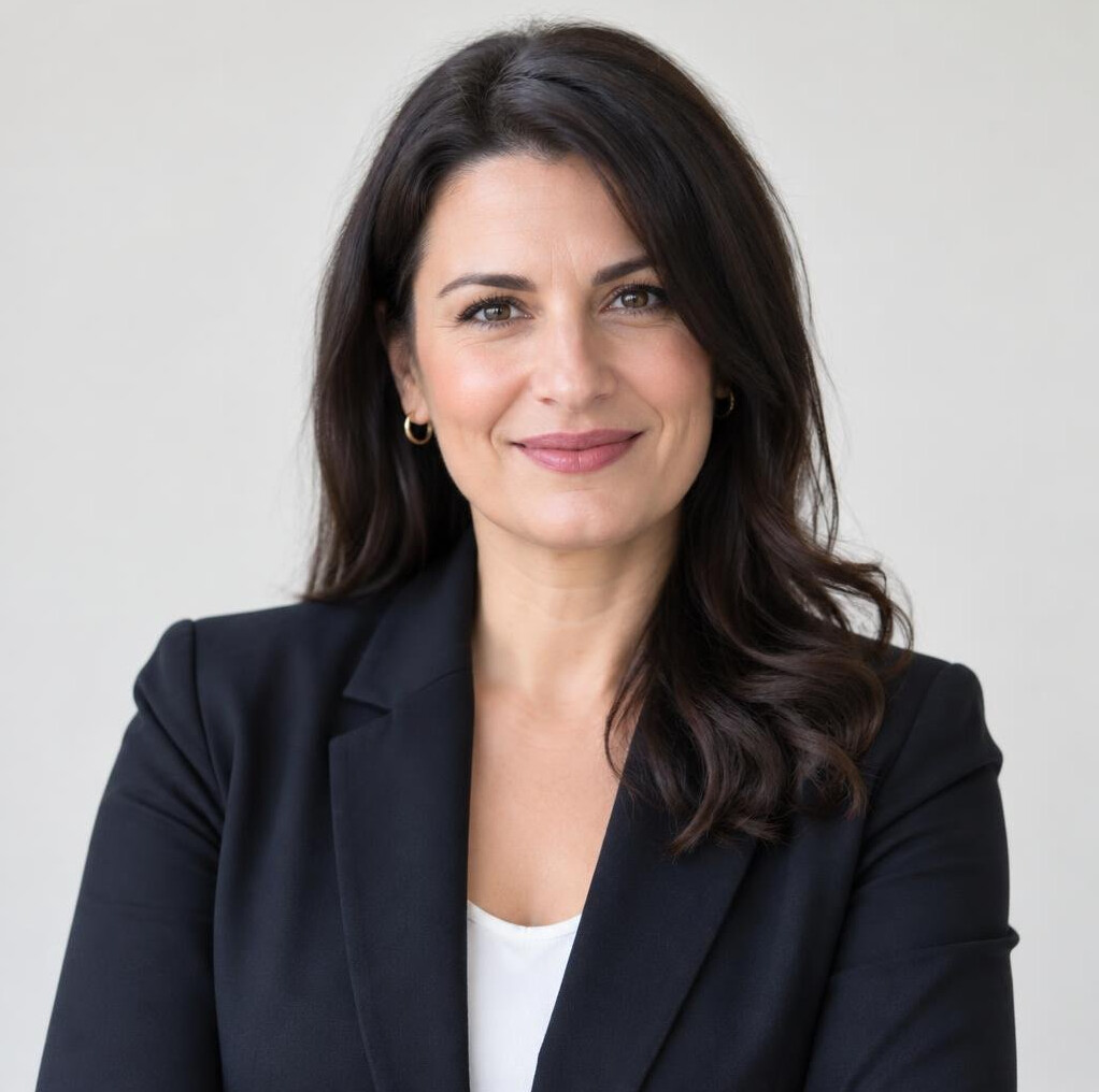 Portrait of a smiling woman with dark hair in a blazer